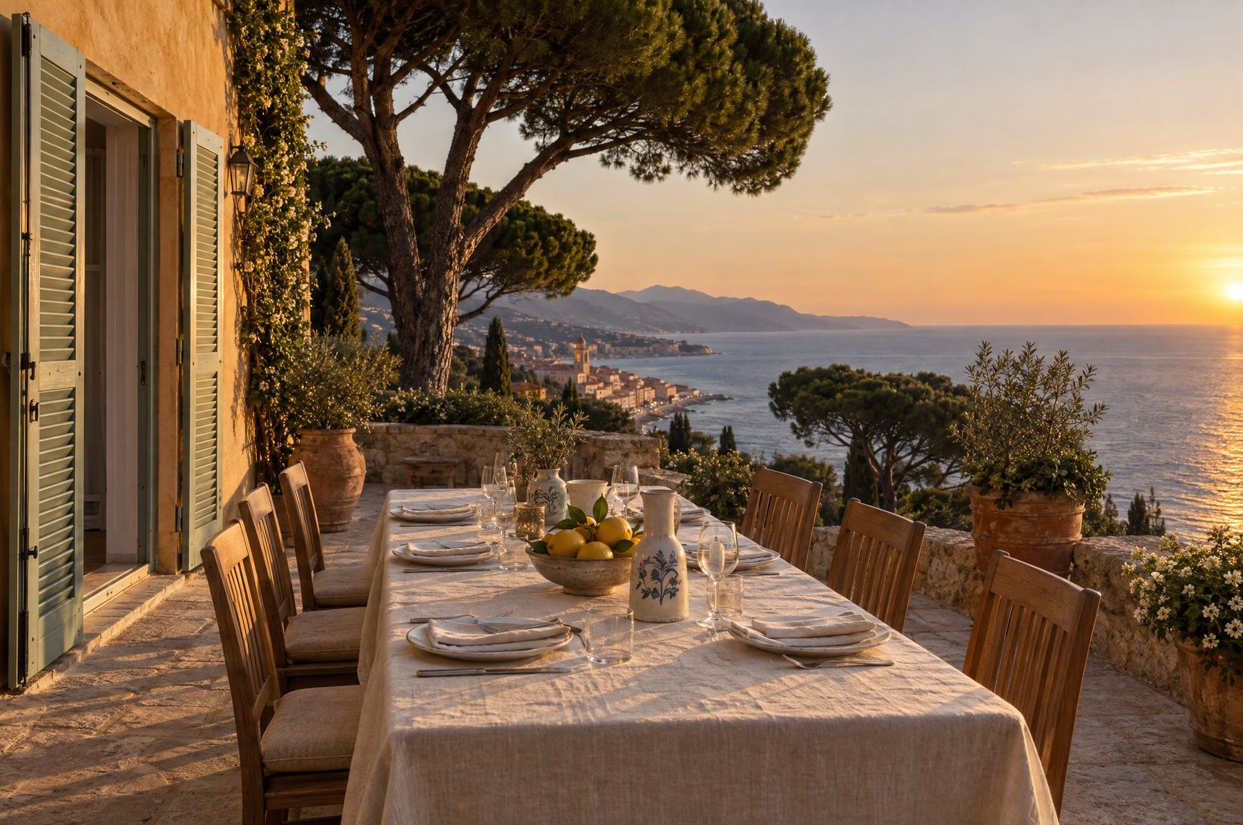 A terrace table set for dinner above the sea at Menton, the hour before sunset